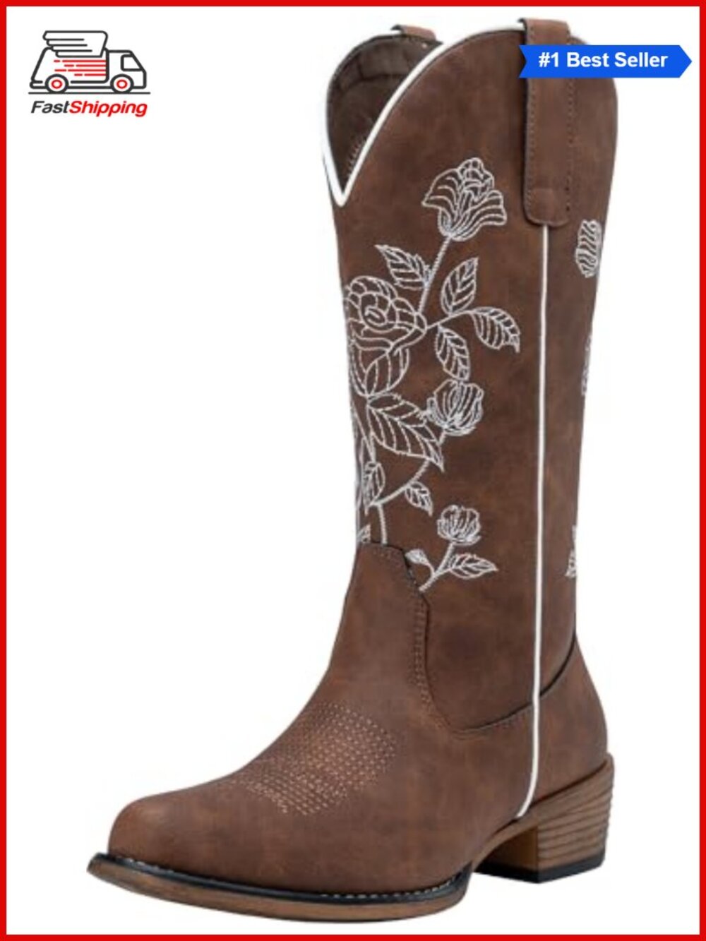 Western Embroidered Mid Calf Cowboy Boots Low Heel Zip Women's